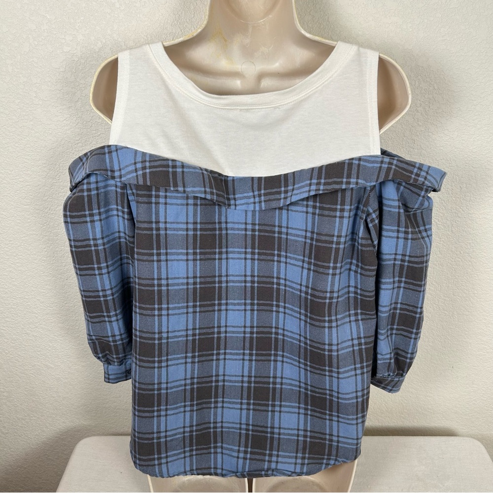 Symphony women Sz M cold shoulder Bohemian romantic faux tank top & plaid